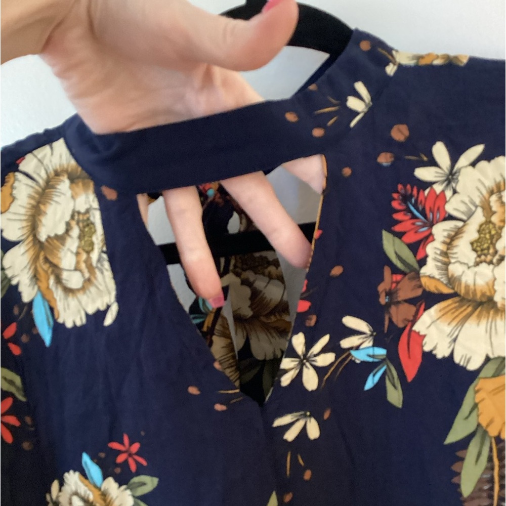 Blue flowered bell sleeve blouse